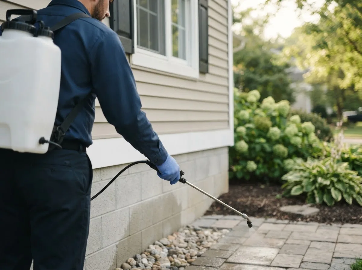 Pest control technician inspecting a home in Enid, MS